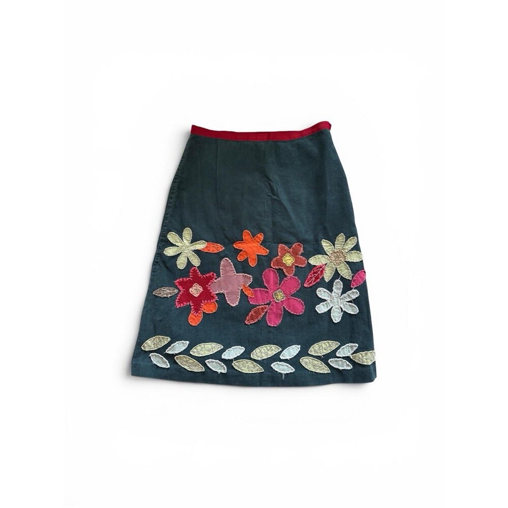 Boden Women's Green Corduroy Floral Applique A-Line Skirt Zip Sz 12L Whimsy